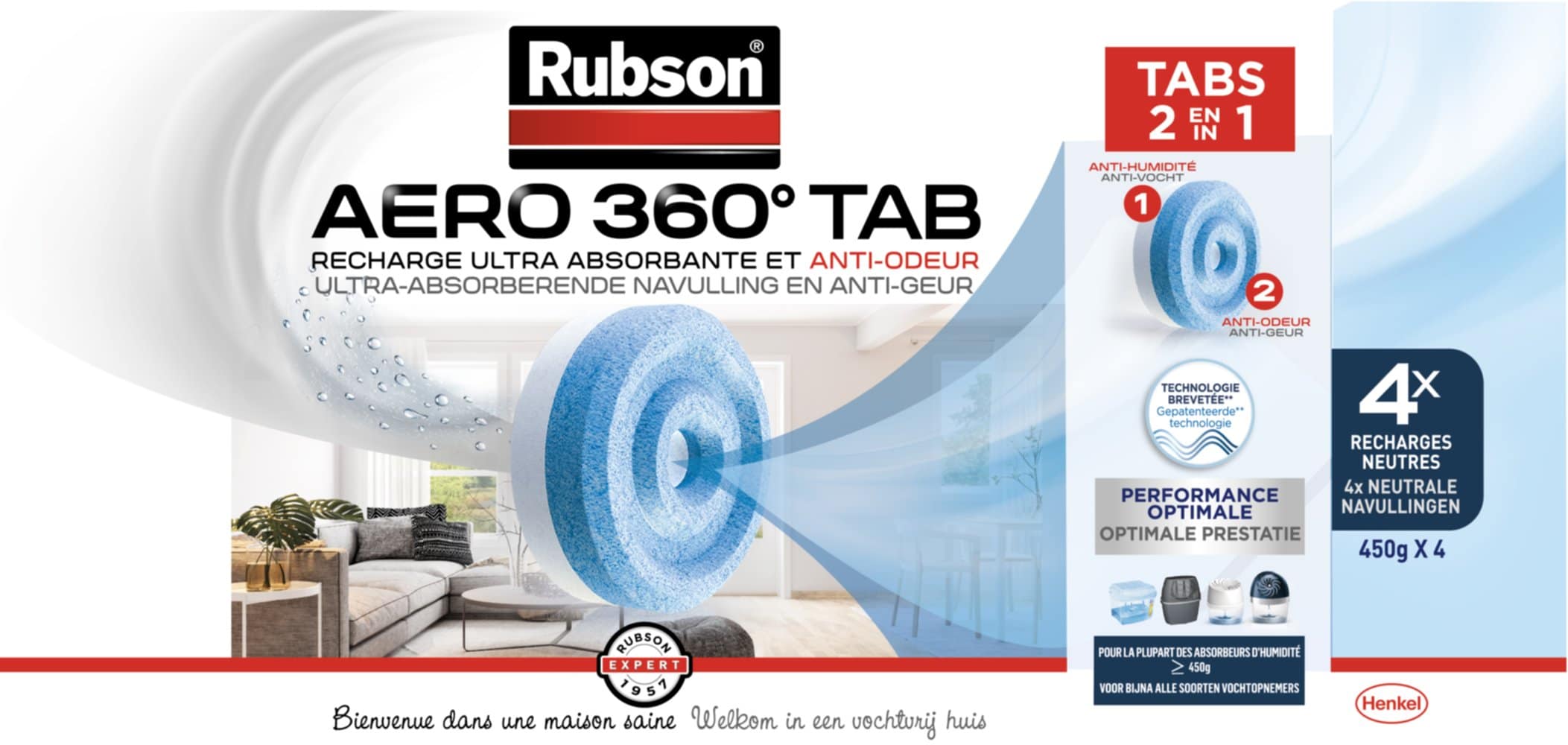Rubson AERO 360° 2 Recharges de 450 g en tabs neutres pour absorbeur  d'humidité, recharges pour déshumidificateurs AERO 360° ultra absorbantes  et anti odeurs