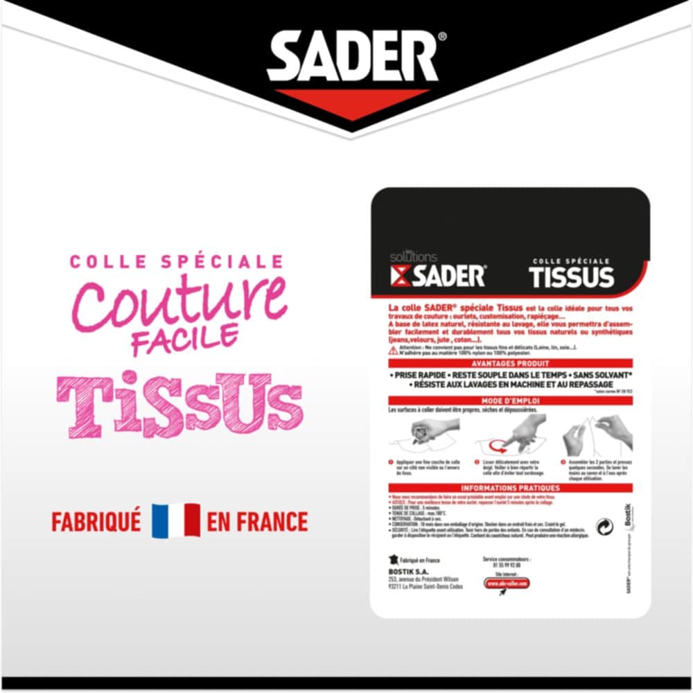 Colle spéciale Tissus 40ml - SADER - Mr.Bricolage