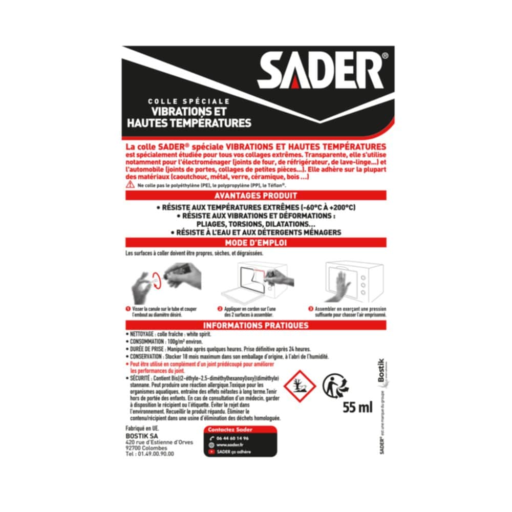 Sader - SADER - Colle vibration et haute température 55ml - Mastic,  silicone, joint - Rue du Commerce