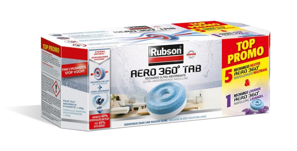 Lot de 4 recharges tablette pour absorbeur d'humidité, RUBSON Aéro 360°, 20  m²
