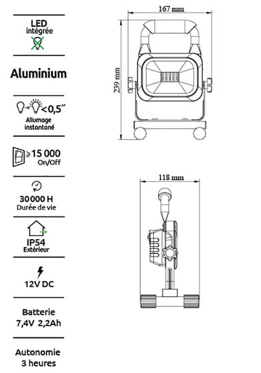 Projecteur de chantier Led rechargeable - 6500°K - 10 W - Garantie