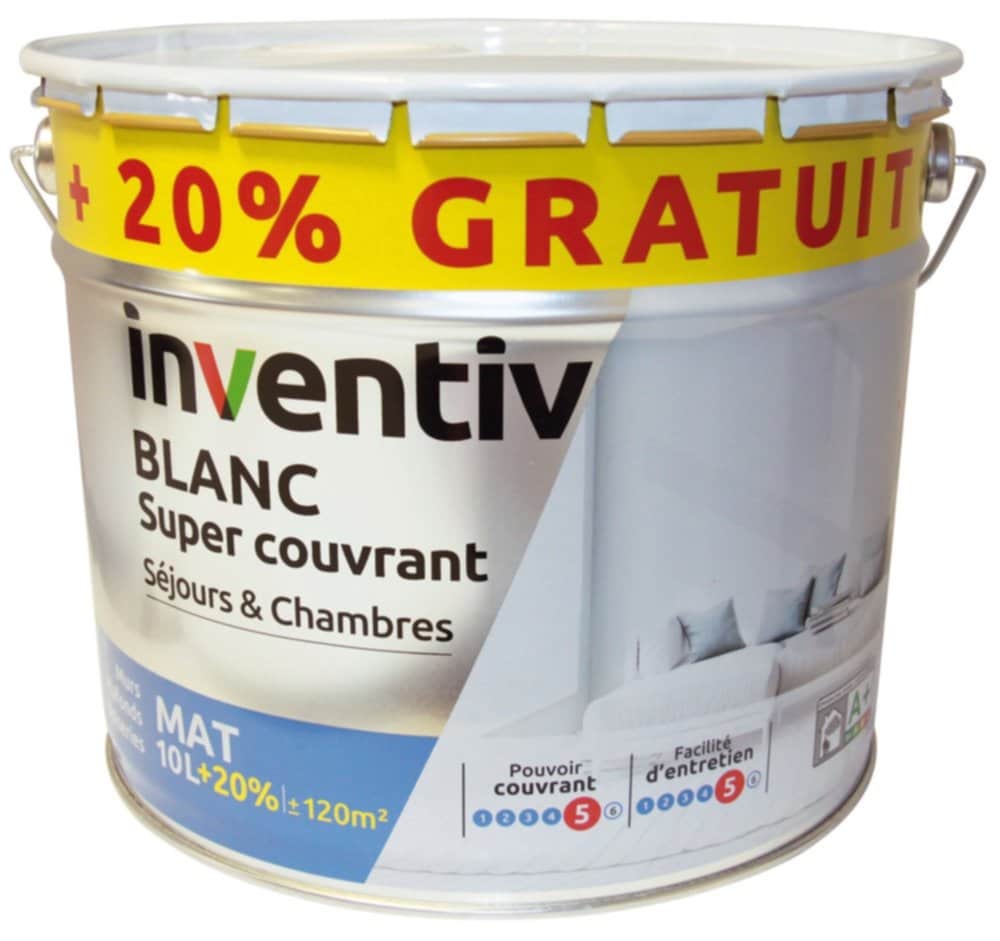 Peinture murs & plafonds Blanc mat 10L+ 20% - INVENTIV - Mr.Bricolage