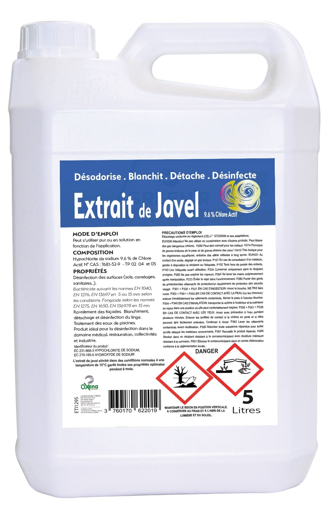 NOVOPURE - Extrait de javel 9,6% de chlore actif 5L - L'extrait de