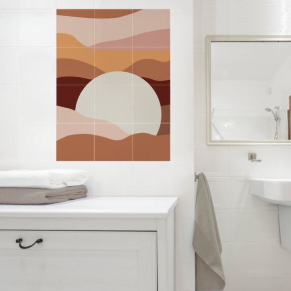 Sticker fresque carrelage coucher de soleil stylisé 15x15cm