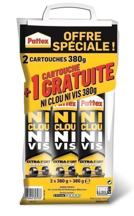 2+1 Cartouche colle Extra Forte Ni Clou Ni Vis 380gr - PATTEX - Mr.Bricolage