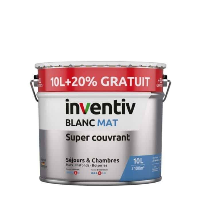 Peinture mur & plafond supercouvrant Blanc Mat 10L+20% - INVENTIV