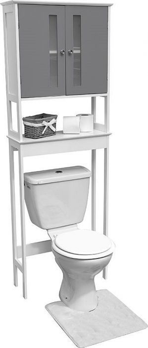 Meuble WC au-Dessus de Toilettes en Bois avec 2 Portes en Verre Trempé et  Étagère Réglable 60 x 30 x 173 cm Blanc