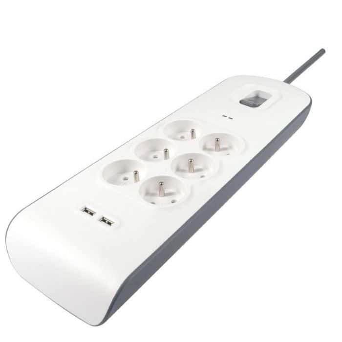 Multiprise 6 prises parafoudre USB 2m blanc