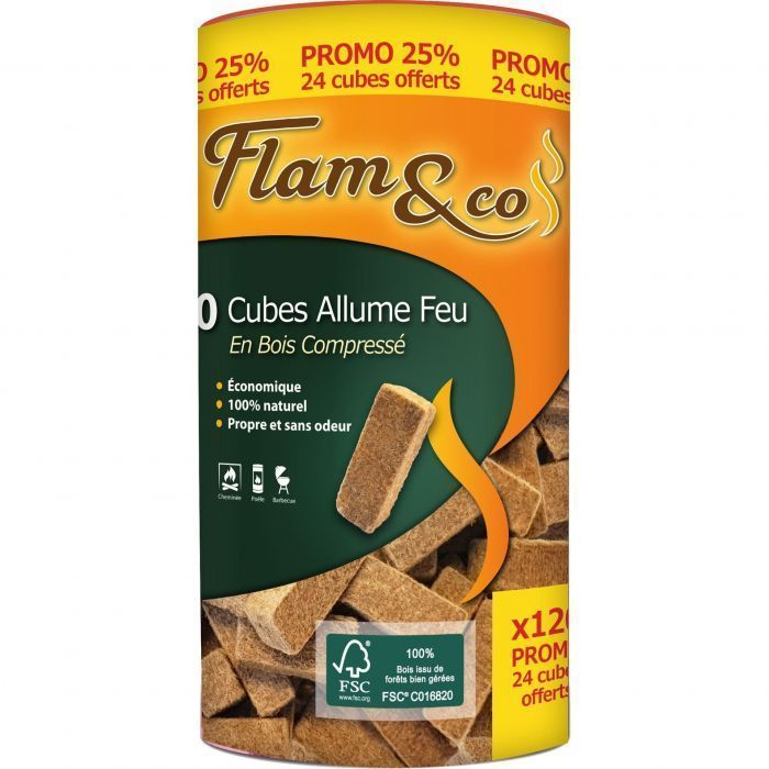 Flam&co - Allume-feu en bois compressé - Tube de 120 cubes - Jardiland