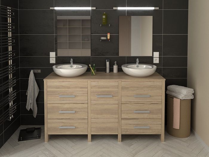 Meuble de salle de bain double vasque 150 cm finition Bois clair - Mr. Bricolage