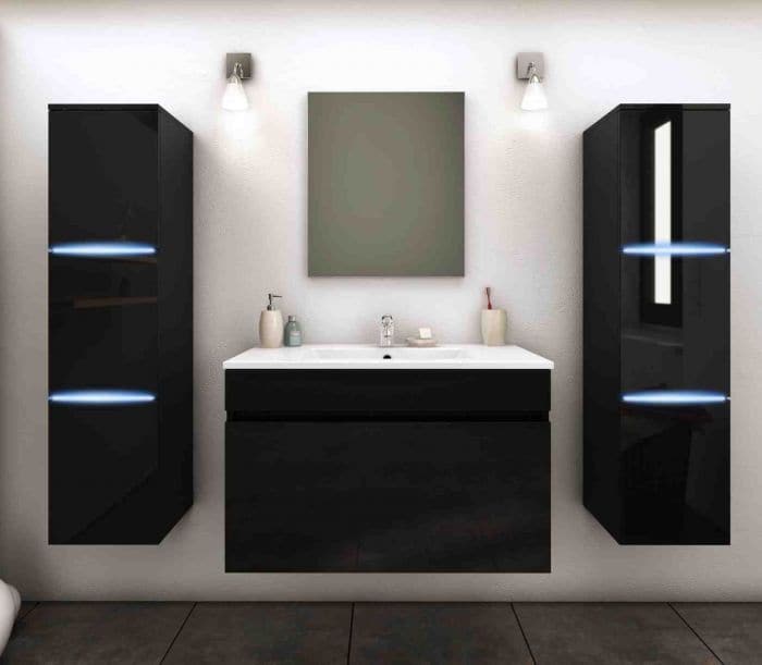Meuble de salle de bain suspendu simple vasque 80 cm laqué Noir + 2  colonnes avec LED - Mr.Bricolage